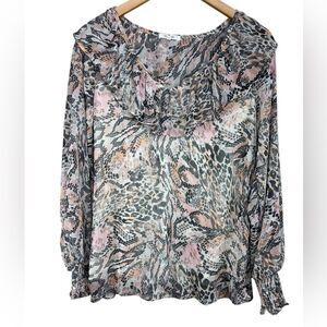 Maurices Metallic Mix Animal Print Ruffle Neck Blouse Womens XS
